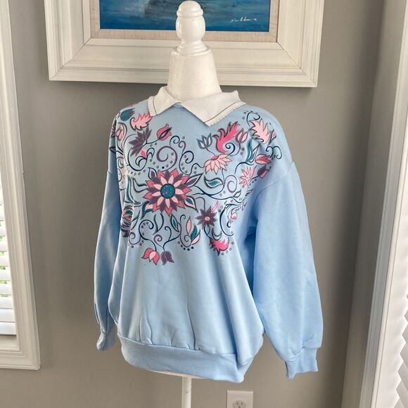 Vintage 80s 90s Haband For Her Collared Floral Blue Sweatshirt Small - Picture 2 of 11